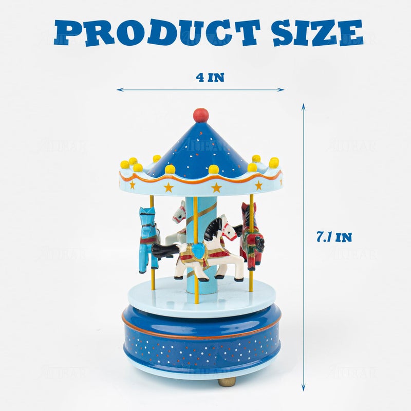 AUEAR, Vintage Mini Music Box Figurine Birthday Gift Table Decor (Carousel Wooden Horses Sky Blue) - Image 2